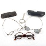 A group of Antique spectacles and lorgnettes, including a pair of silver sunglasses with fold-out