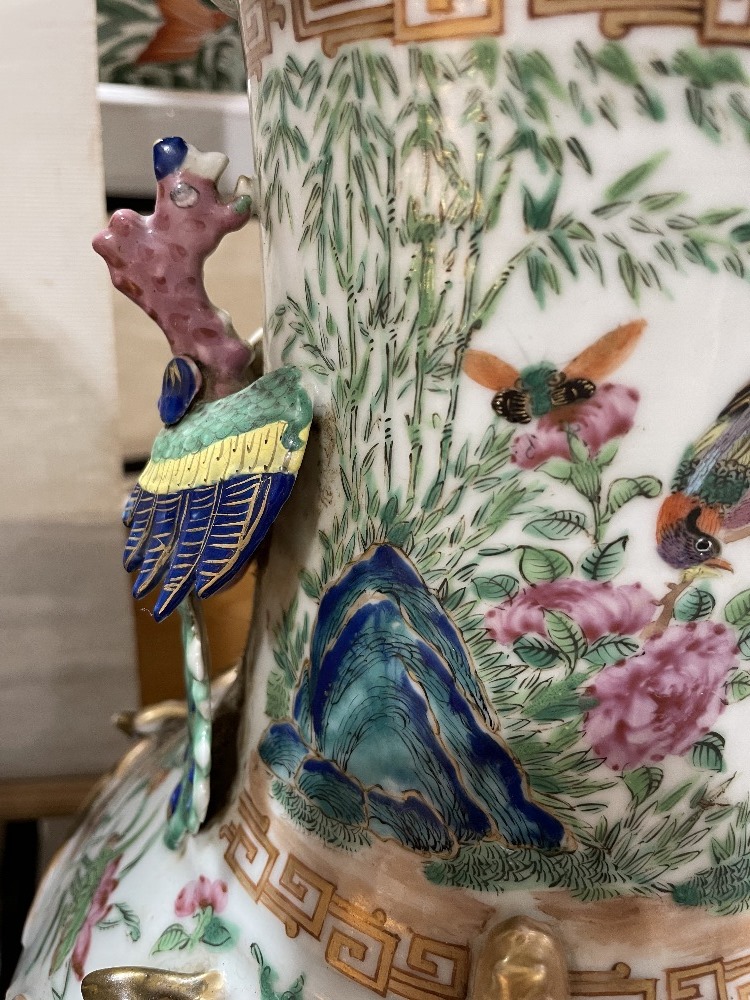 A pair of Chinese 19th century famille rose porcelain vases, with dragon and bird figures to the - Image 4 of 19