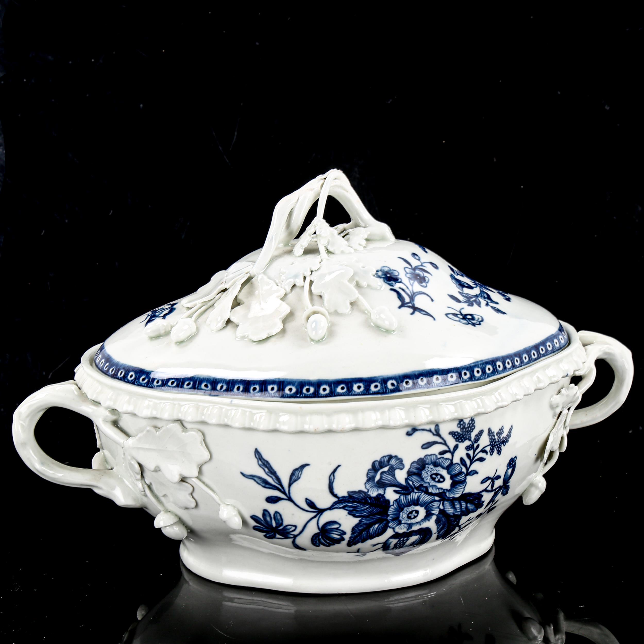 An 18th century Worcester blue and white porcelain tureen and cover, circa 1770, cabbage rose