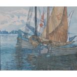 Grosvenor School, colour block print, sailing barges, indistinctly signed in pencil, image 11.5" x