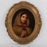 Ary Scheffer (1795 - 1858), oval oil on tin, woman holding a cross, original ornate gilt gesso