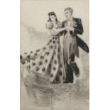 Early to mid-20th century charcoal/ink drawing, dancing couple, inscribed verso Duke of