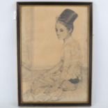 Pencil drawing, seated woman, indistinctly signed, 19.5" x 14", framed Even paper discolouration