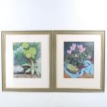 Pair of 20th century coloured pastels, botanical studies, signed with monogram DJE, 15" x 12",