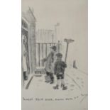 Phil May (1864 - 1903), pen and ink cartoon, "sweep your door away mum?", signed, 10" x 6", framed