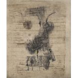 Mid-20th century etching, abstract composition, indistinctly signed, no. 64/95, image 21" x 18",