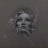 J Hunt, charcoal/chalk on grey paper, portrait of Marlene Dietrich, signed, 15" x 15", framed