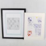 Sandra Blow, lithograph, abstract, image 7" x 7", and a double-sided sheet of drawings featuring