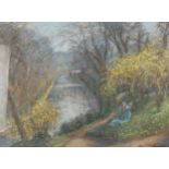 Sigismund Goetze (1866 - 1939), coloured pastels, girl by a canal, signed, 18" x 24", framed Good