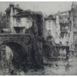 Hedley Fitton, etching, the Old Bridge Sorpel, signed in pencil, image 13" x 13.5", framed Paper