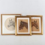 H Bourne, pair of coloured pastels, horse studies, 7.5" x 5.5", and G Lanza, pencil portrait of a