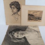 2 charcoal/chalk drawings, portrait of a woman inscribed Doxford, 21" x 15.5", plus 1 other