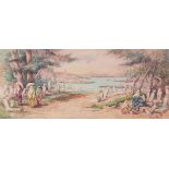 Serop Levon Avakyan, watercolour, figures at a cemetery overlooking the Bosphorus, signed and