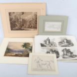 A folder of works, including 19th century pen and wash drawing of Norwich Castle, Richard Westall,