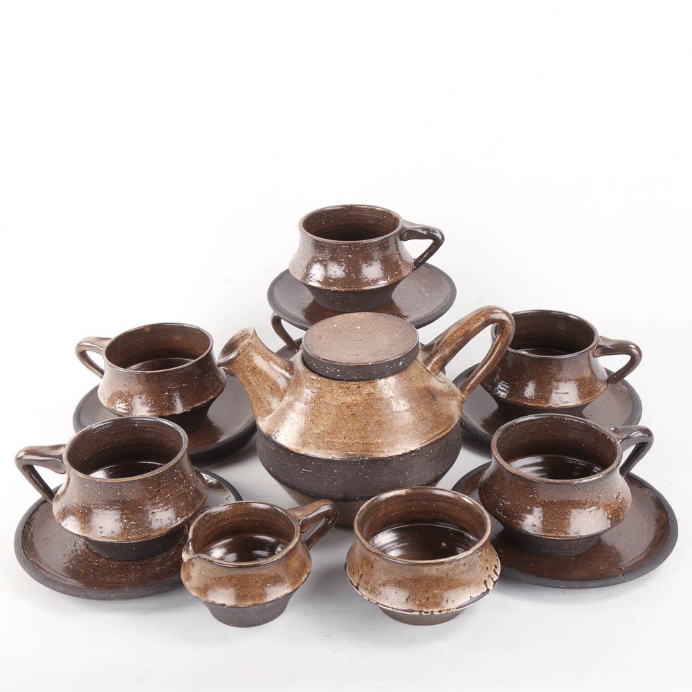 BO BORGSTROM, a mid century Scandinavian tea set, comprising teapot (A/F), 6 plates, 6 cups, jug and