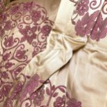 2 pairs of lined curtains, gold/brown? ground with a burgundy floral design, 1 pair drop 220cm and