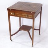 A good quality reproduction mahogany and brass inlaid envelope card table, with single frieze drawer