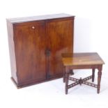 A 2-door mahogany cabinet, W86cm, H87cm, D28cm, and a small Antique mahogany occasional table, D84cm