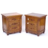 A pair of modern carved oak 3-drawer bedside chests, W55cm, H60cm, D44cm