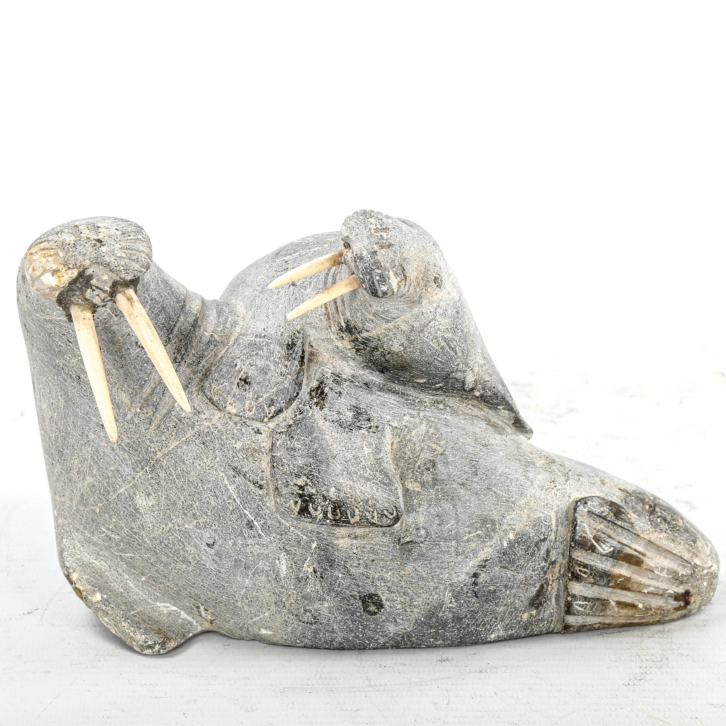 A Canadian carved soapstone walrus, length 19cm