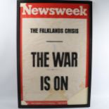 Original Newsweek printed news-stand banner "The Falklands Crisis - The War is On", modern frame,