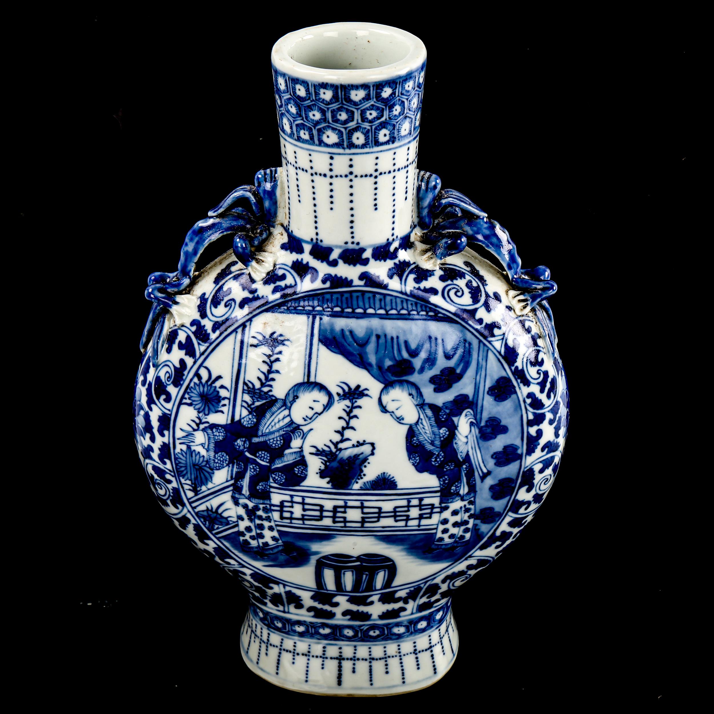 A Chinese blue and white porcelain moon-shaped vase, with painted figures, height 29cm Perfect - Image 2 of 3