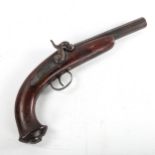 19th century percussion pistol, with engraved lock and hinged compartment in the stock, barrel