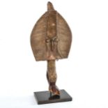 Gabon Tribal figure, wood and copper on model metal stand, height 51cm