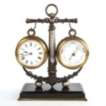 A Victorian combination clock/barometer/thermometer in brass anchor design mount, on brass-mounted
