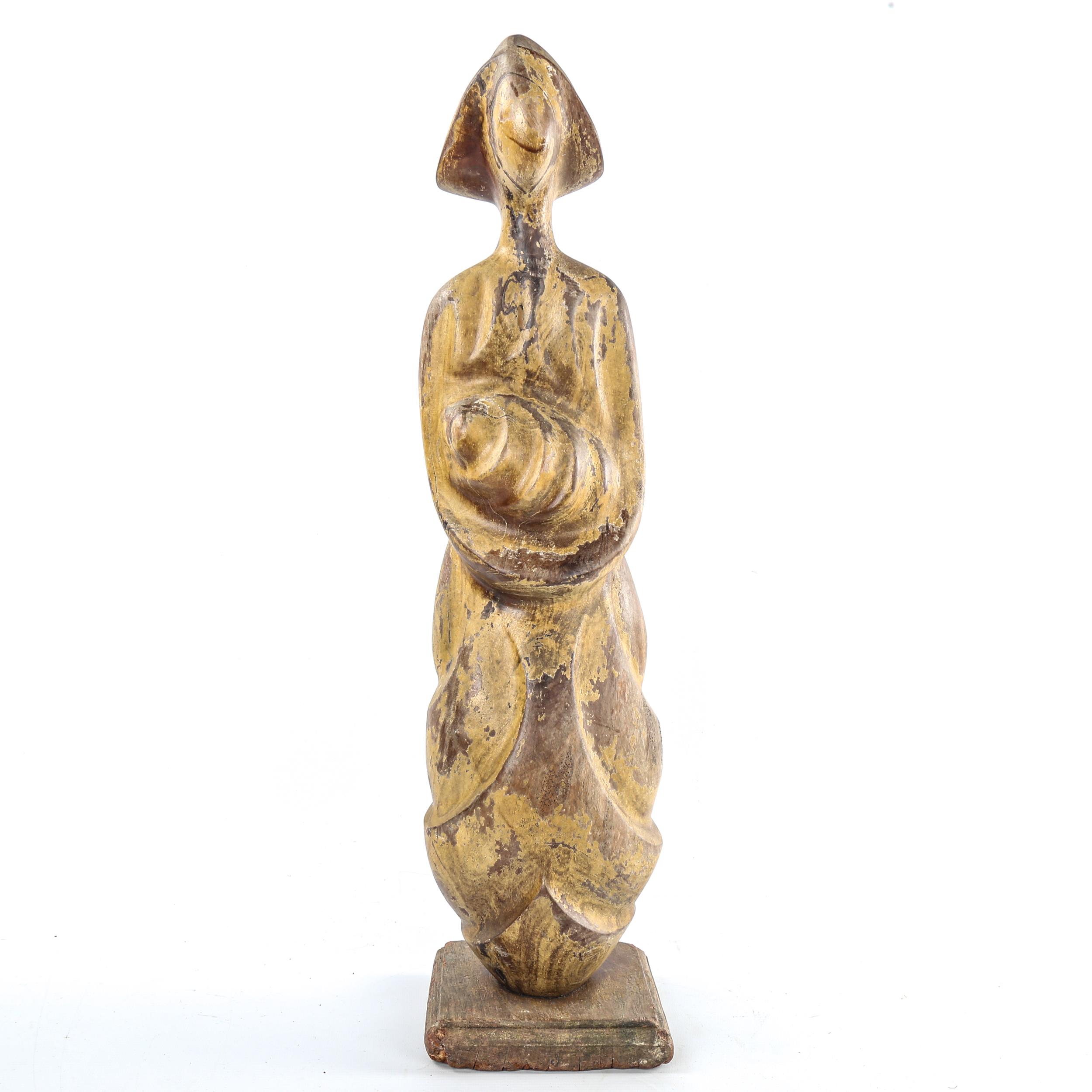 A carved and painted wood modernist sculpture, woman and child, probably early to mid-20th