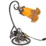 French wrought-iron and gilt vine leaf design table lamp, with pate de verre shade by Vianne, height