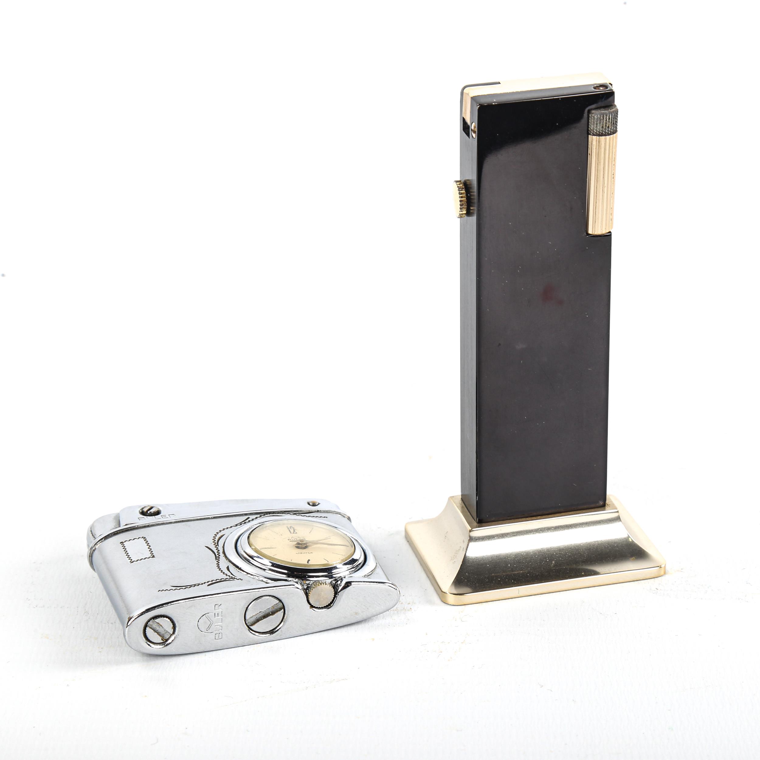 A Rivo table lighter with inset 17 jewel clock, height 10cm, and a Buler retro pocket lighter with - Image 2 of 3