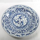 A Chinese blue and white porcelain bowl with fish decoration, 6 character mark, diameter 36cm