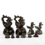 A group of Indian bronze weights, comprising pair of weights in the form of ducks, height 10cm, a