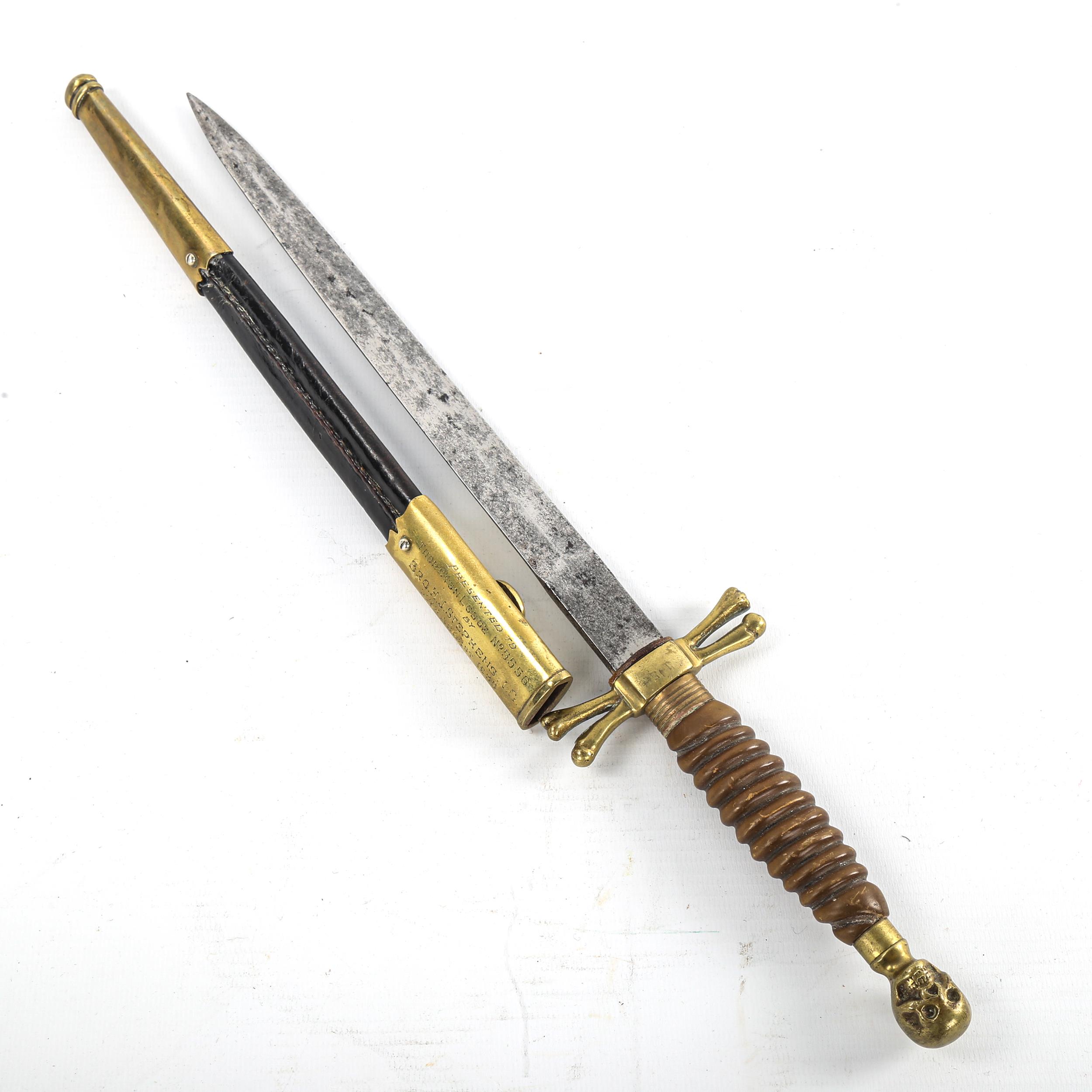 ***WITHDRAWN*** A Masonic ceremonial dagger, early 20th century, with brass skull pommel