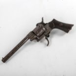 Antique Belgian pinfire revolver, inscribed E Lefaucheux, with engraved decoration and carved wood