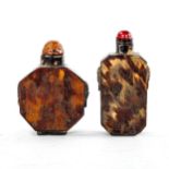 2 Antique Chinese tortoiseshell snuff bottles, with amber and red Peking glass mounted stoppers,