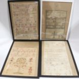 5 various 19th century needlework samplers, largest 39cm x 25cm, modern clip frames