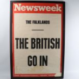 Original Newsweek printed news-stand banner "The Falklands - The British Go In", modern frame,