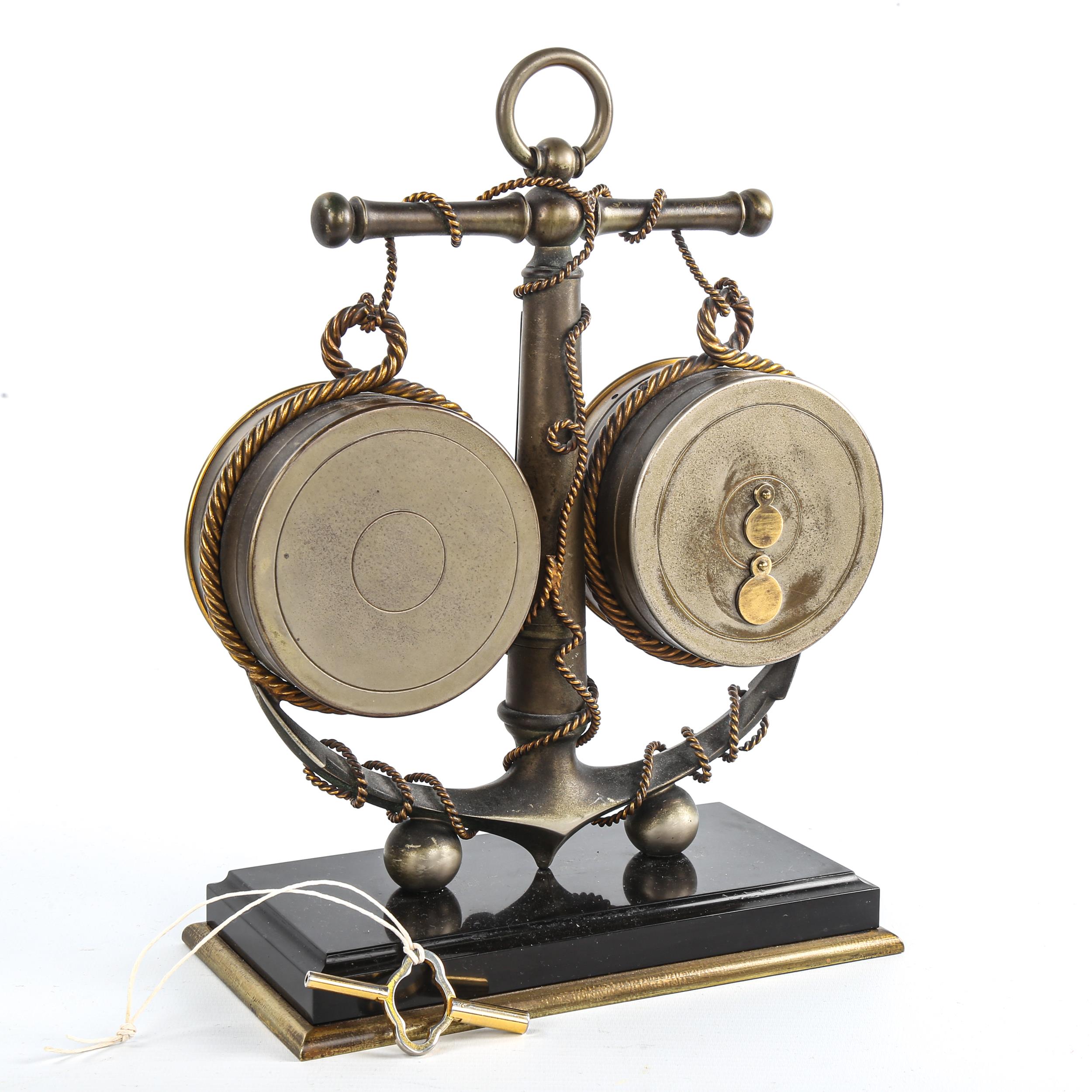 A Victorian combination clock/barometer/thermometer in brass anchor design mount, on brass-mounted - Image 2 of 3