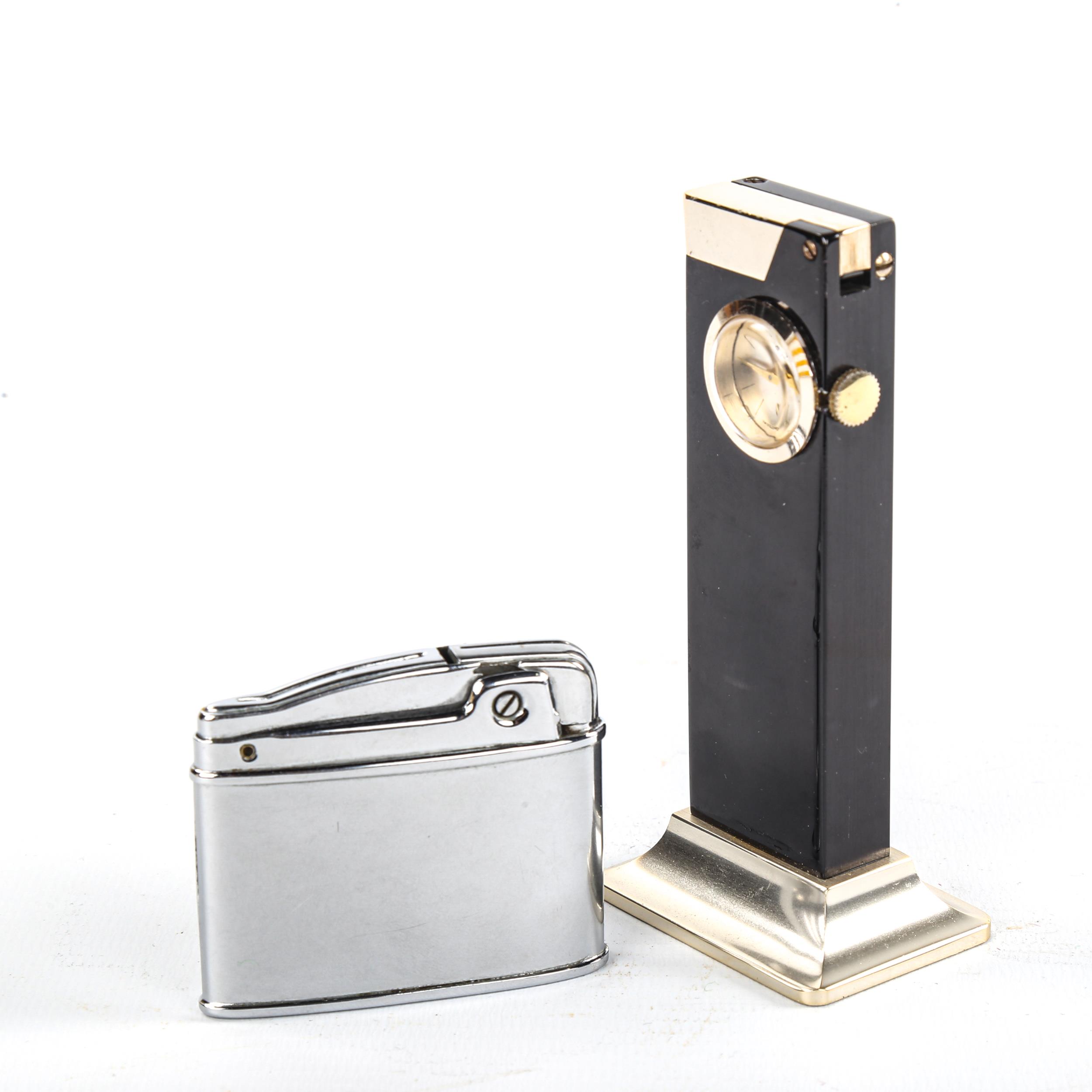 A Rivo table lighter with inset 17 jewel clock, height 10cm, and a Buler retro pocket lighter with - Image 3 of 3