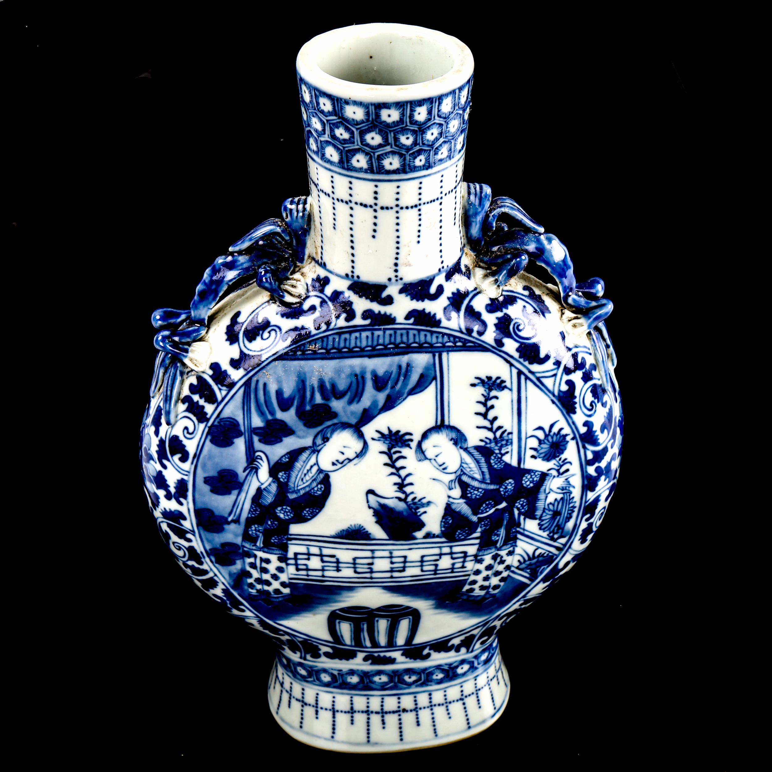 A Chinese blue and white porcelain moon-shaped vase, with painted figures, height 29cm Perfect