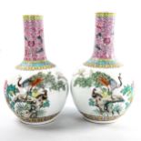 A pair of Chinese porcelain narrow-neck bottle vases, decorated with peacocks and prunus and