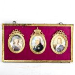 A group of 3 miniature watercolour portraits of Royal figures, mounted in single gilt-metal