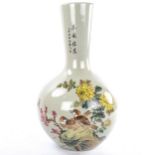 A Chinese green glaze vase with painted birds and flowers, height 46cm, signed under base Perfect