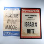 Original Newsweek printed news-stand banner "British Assault on Stanley", modern frame, overall