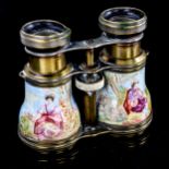 A pair of brass and enamel opera glasses, hand painted romantic scenes