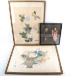 2 Chinese watercolours on silk, signed with seals, overall frame dimensions 37cm x 53cm, and a