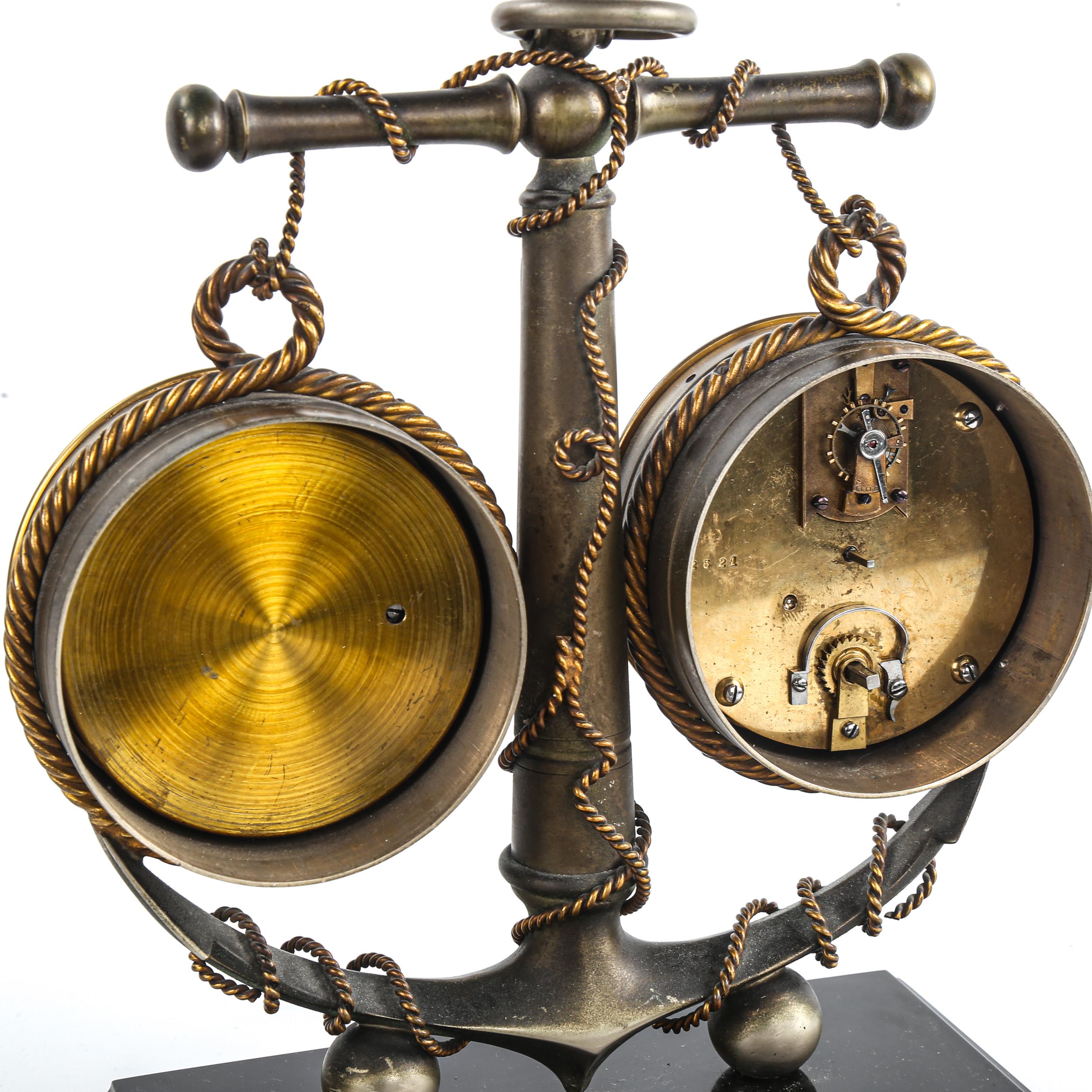 A Victorian combination clock/barometer/thermometer in brass anchor design mount, on brass-mounted - Image 3 of 3