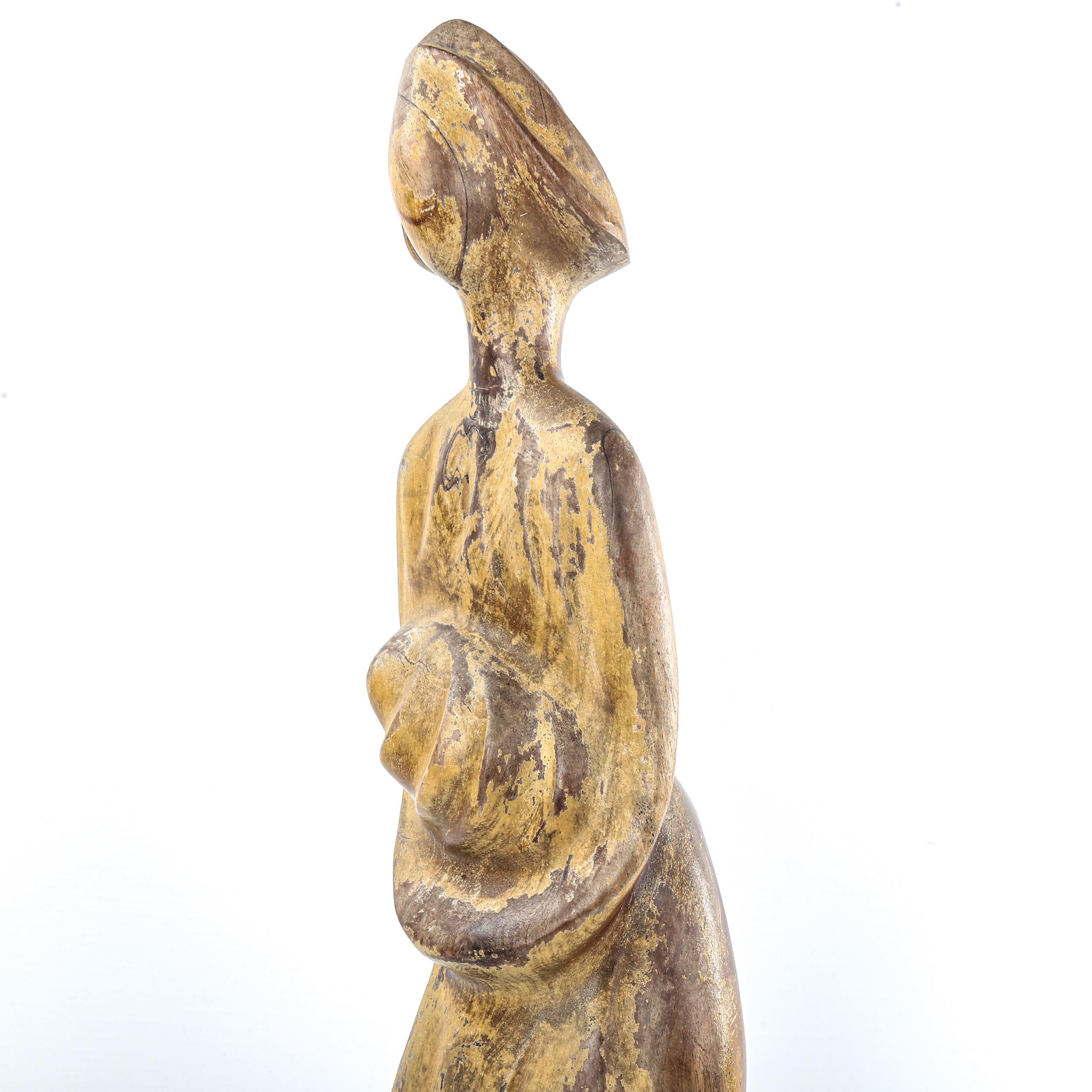 A carved and painted wood modernist sculpture, woman and child, probably early to mid-20th - Image 2 of 3
